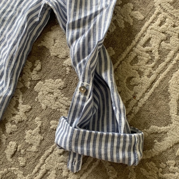 Tahari Blue Stripe Button Front Linen Shirt Hooded M nautical Lagenlook beach - Picture 7 of 10